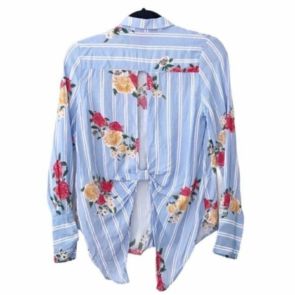 Adelyn Rae Blue Iris Floral Stripe Open Back Button Down Blouse XS